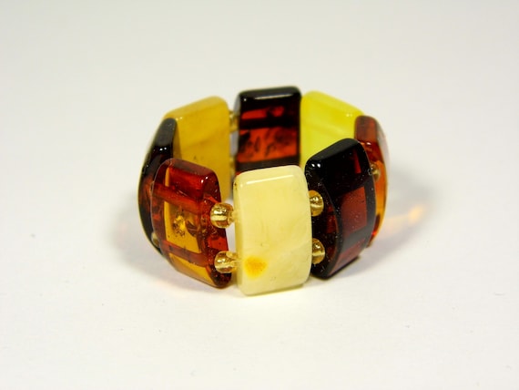 Baltic Amber Ring Size 8,5 Multicolor Yellow Cognac Brown Elastic Stretch 5854