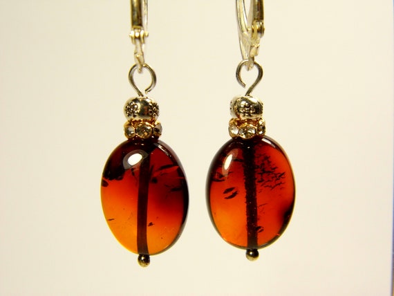 Baltic Amber Dangle Drop Earrings Brown Cognac Transparent Natural Genuine A0085