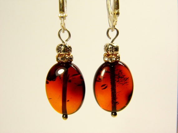 Baltic Amber Dangle Drop Earrings Brown Cognac Transparent Natural Genuine 4974