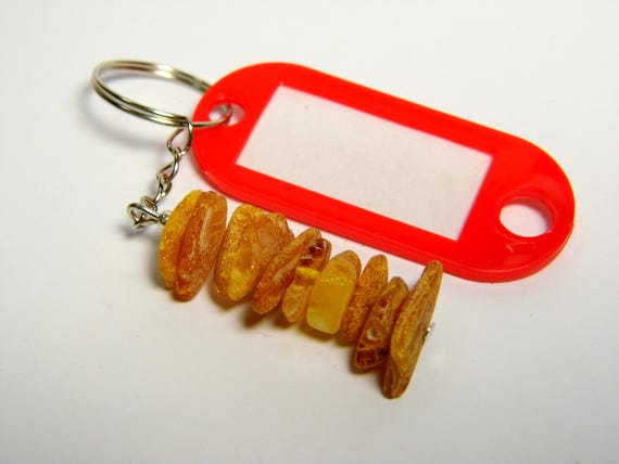 Baltic Amber Keychain Keyring Pendant Souvenir Red With Plastic ID Tag Name Label Souvenir A0342