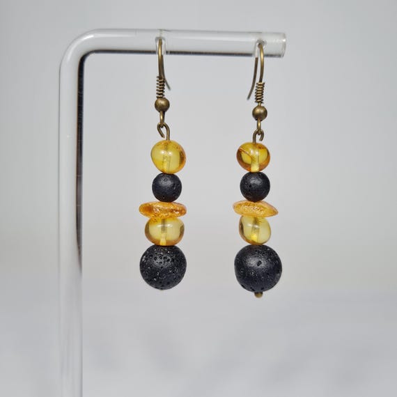Baltic Amber and Lava Dangle Drop Earrings Yellow Black Natural Stone Genuine Gemstone A0368