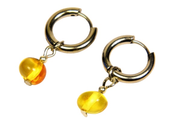 Hoop earrings with natural yellow Baltic Amber stone charms 4007