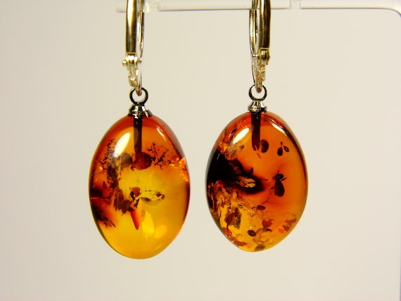 Baltic Amber Dangle Drop Earrings Brown Cognac Transparent Natural Genuine A0083
