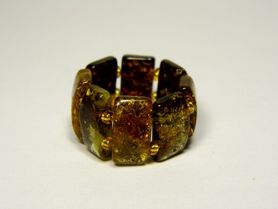 Baltic Amber Ring Size 6.5 Green Brown Stone Natural Elastic Stretch 5619