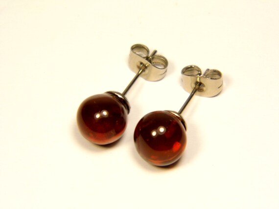 Baltic Amber Stud Earrings Brown Cognac Transparent Natural Stone Genuine A0049