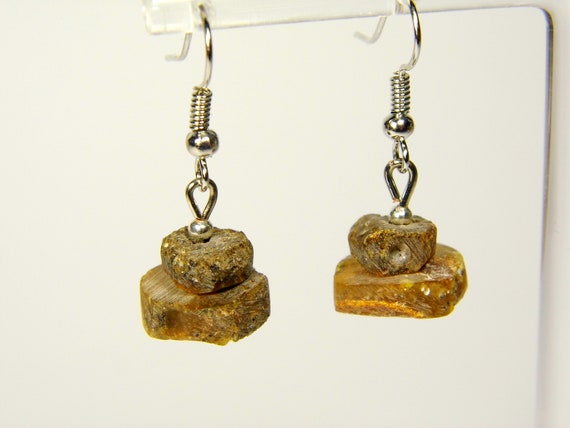 Baltic Amber Dangle Drop Earrings Unpolished Black Brown Natural Stone 6098