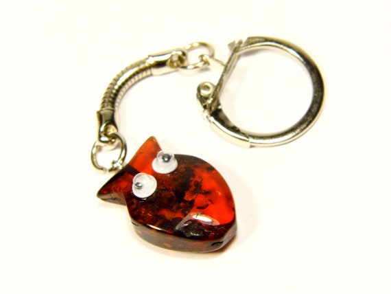Baltic Amber Owl Keychain Keyring Pendant Brown Cognac Transparent Natural A0053
