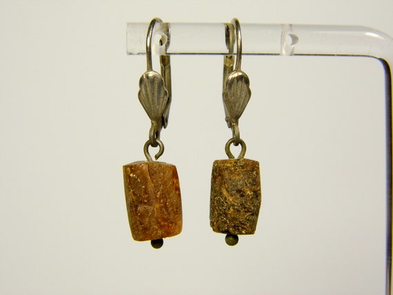 Baltic Amber Dangle Drop Earrings Unpolished Brown Black Natural Stone 5952