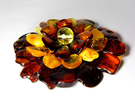 Baltic Amber Flower Brooch / Pendant Multicolor 3.4" / 26gr. Natural Stone 4595