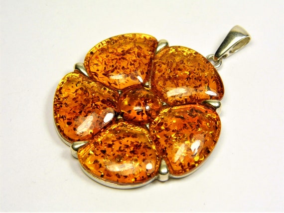 Sterling Silver 925 and natural genuine transparent Baltic Amber stone pendant 15 grams unique women's handmade jewelry 3910