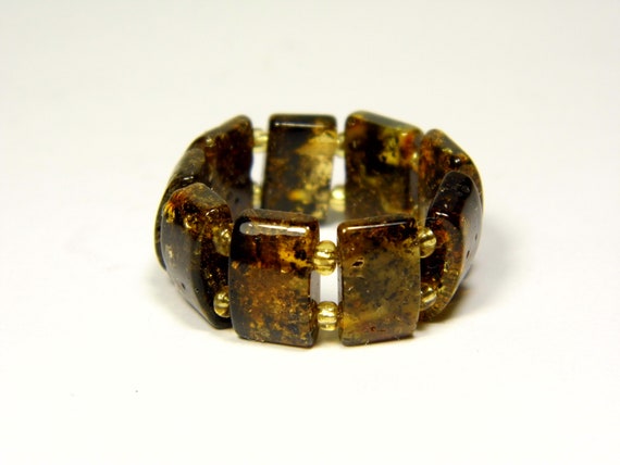 Baltic Amber Ring Size 10 Green Brown Stone Natural Elastic Stretch 5625