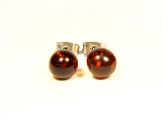 Baltic Amber Stud Earrings Brown Cognac Transparent Natural Stone Genuine 4425