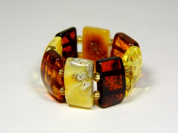 Baltic Amber Ring Size 9.5 Multicolor Yellow Brown Women's Elastic Stretch 5380