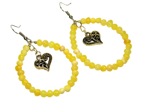 Baltic Amber women's dangle / drop / hoop yellow earrings with hearts AP1013