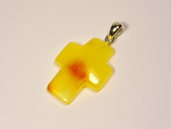 Baltic Amber Cross Pendant Charm Yellow Stone Natural Genuine Gemstone 5221