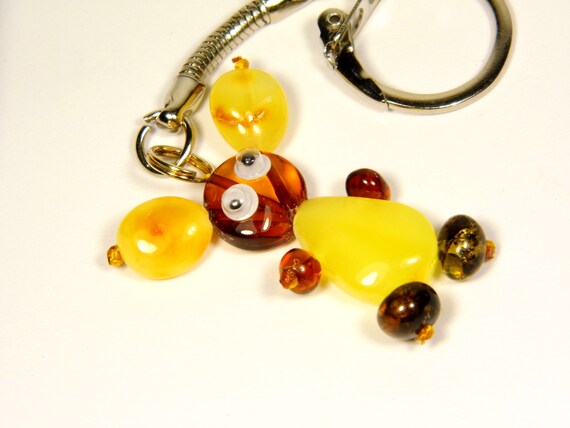 Baltic Amber Teddy Bear Keychain Keyring Pendant Multicolor Genuine Stone A0057