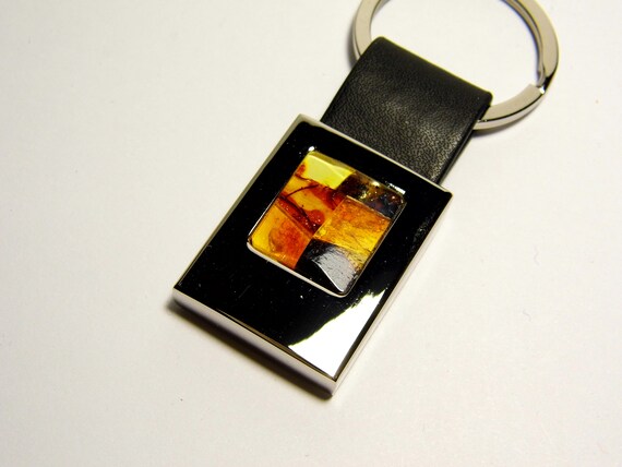 Metal Keychain Keyring Pendant With Baltic Amber Souvenir Natural Gemstone A0137