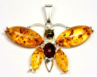 Natural Baltic Amber and Sterling Silver 925 women's butterfly pendant 3876