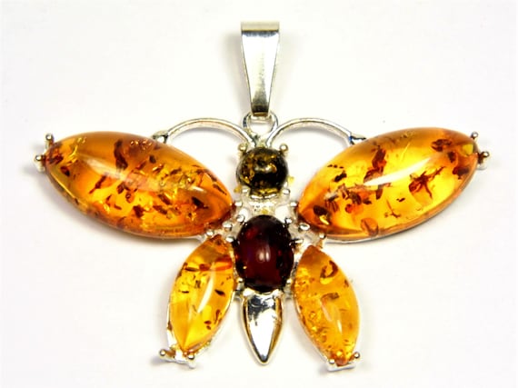 Sterling Silver 925 and natural genuine Baltic Amber stone butterfly pendant 5.4 grams unique women's handmade jewelry 3876