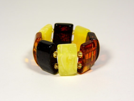 Baltic Amber Ring Size 10.5 Multicolor Yellow Cognac Brown Elastic Stretch 5848