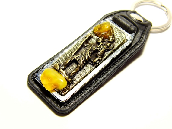 Metal Leather Keychain Keyring Pendant With Baltic Amber Religious Souvenir 4982