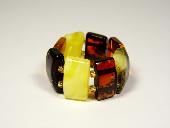 Baltic Amber Ring Size 9.5 Multicolor Yellow Brown Women's Elastic Stretch 5378