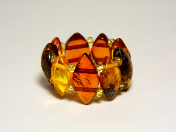 Baltic Amber Ring Size 6.5-8 Brown Cognac Transparent Stone Elastic Stretch 4897