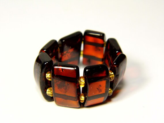 Baltic Amber Ring Size 9 Dark Cherry Cognac Brown Natural Elastic Stretch 5655