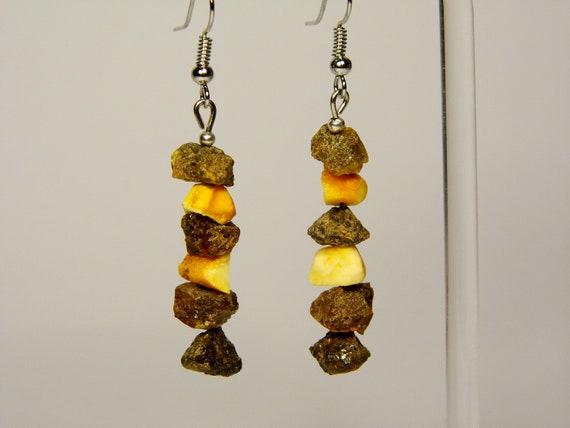 Baltic Amber Dangle Drop Earrings Raw Unpolished Multicolor Natural Stone 6104