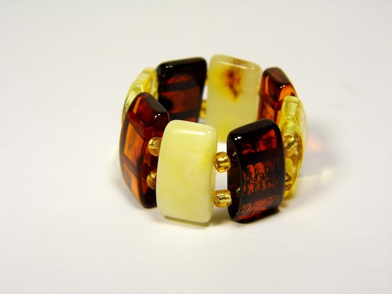 Baltic Amber Ring Size 6.5 Multicolor Yellow Brown Women's Elastic Stretch 5387