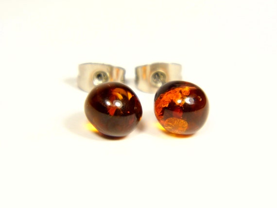 Baltic Amber Stud Earrings Brown Cognac Transparent Natural Stone Genuine 4423