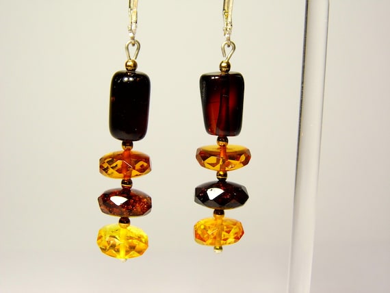 Baltic Amber Dangle Drop Earrings Faceted Brown Transparent Natural Stone 4591