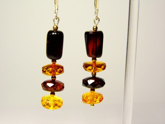 Baltic Amber Dangle Drop Earrings Faceted Brown Transparent Natural Stone A0060