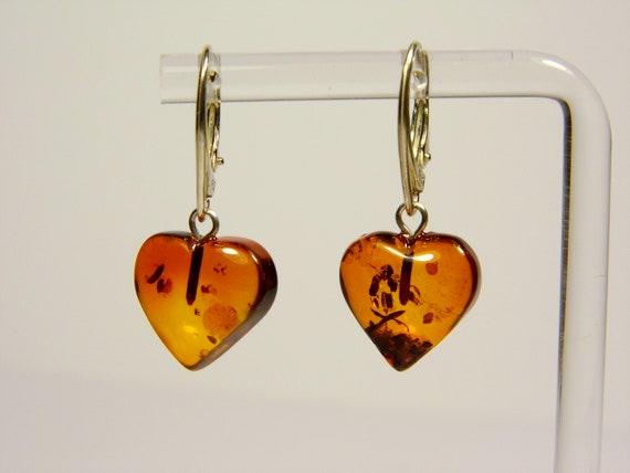 Baltic Amber Dangle Drop Heart Earrings Brown Cognac Transparent Natural 4446