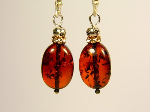 Baltic Amber Dangle Drop Earrings Brown Cognac Transparent Natural Genuine 4972