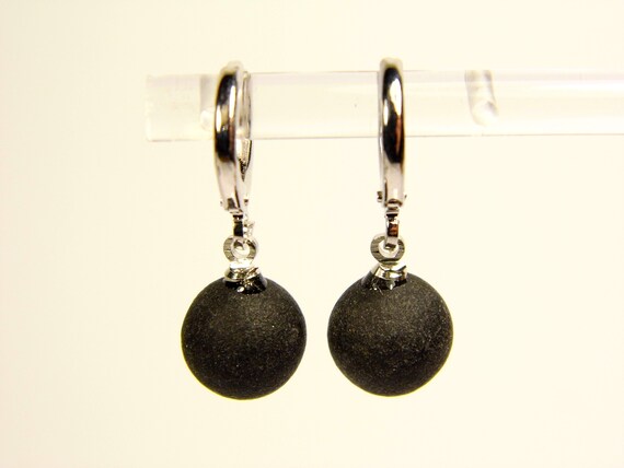 Baltic Amber Earrings Black Pressed Round Ball 9mm Stone Unpolished Matte XA003