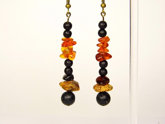 Baltic Amber and Lava Dangle Drop Earrings Brown Black Natural Stone Genuine Gemstone A0351
