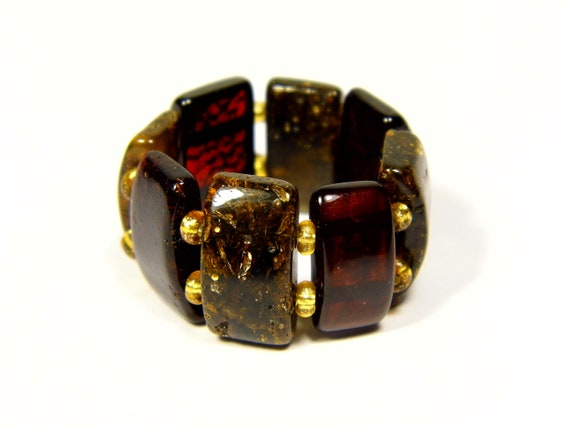 Baltic Amber Ring Size 8 Green Brown Black Women's Elastic Stretch 5391