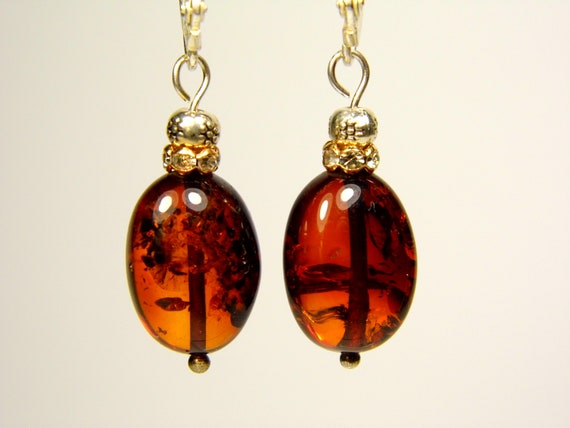 Baltic Amber Dangle Drop Earrings Brown Cognac Transparent Natural Genuine A0086