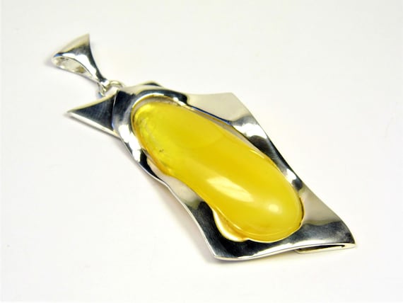Sterling Silver 925 and natural genuine butterscotch egg yolk yellow Baltic Amber stone pendant 15 gram unique women's handmade jewelry 3891