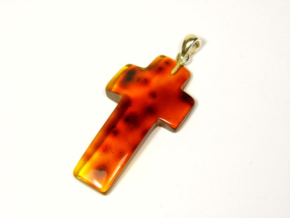 Baltic Amber Cross Pendant Brown Cognac Transparent Stone Natural Gemstone 5208