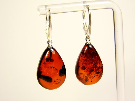Baltic Amber Dangle Drop Earrings Brown Cognac Transparent Natural Stone A0047