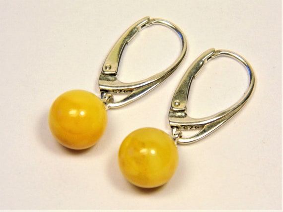 Sterling Silver 925 and natural genuine butterscotch egg yolk yellow Baltic Amber round earrings authentic women's handmade jewelry 3898