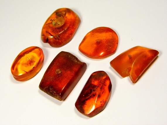 Lot of 6 Vintage Baltic Amber Stones Cognac Brown Transparent Natural Old 5974