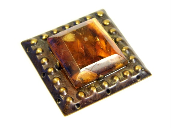 Old pressed Baltic Amber and Brass women's retro vintage brooch 3647