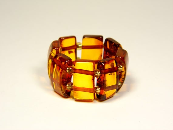 Baltic Amber Ring Size 6.5 Brown Cognac Women's Elastic Stretch Transparent 4414