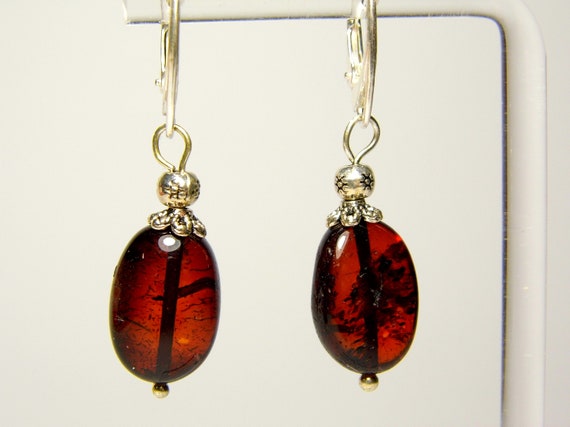 Baltic Amber Dangle Drop Earrings Brown Cognac Transparent Natural Stone 4584