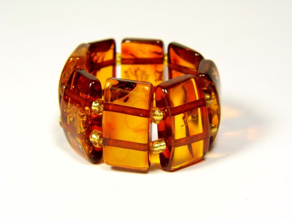 Baltic Amber Ring Size 10 Cognac Transparent Brown Women's Elastic Stretch 5396