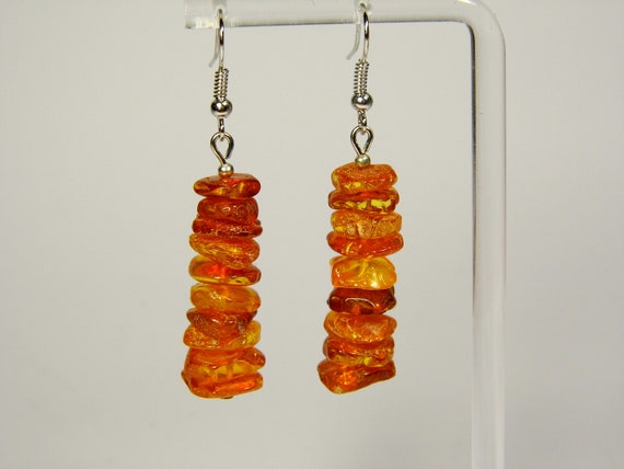 Baltic Amber Dangle Drop Earrings Brown Cognac Natural Stone Genuine 6080