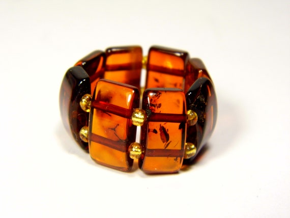 Baltic Amber Ring Size 7 Cognac Transparent Brown Women's Elastic Stretch 5639